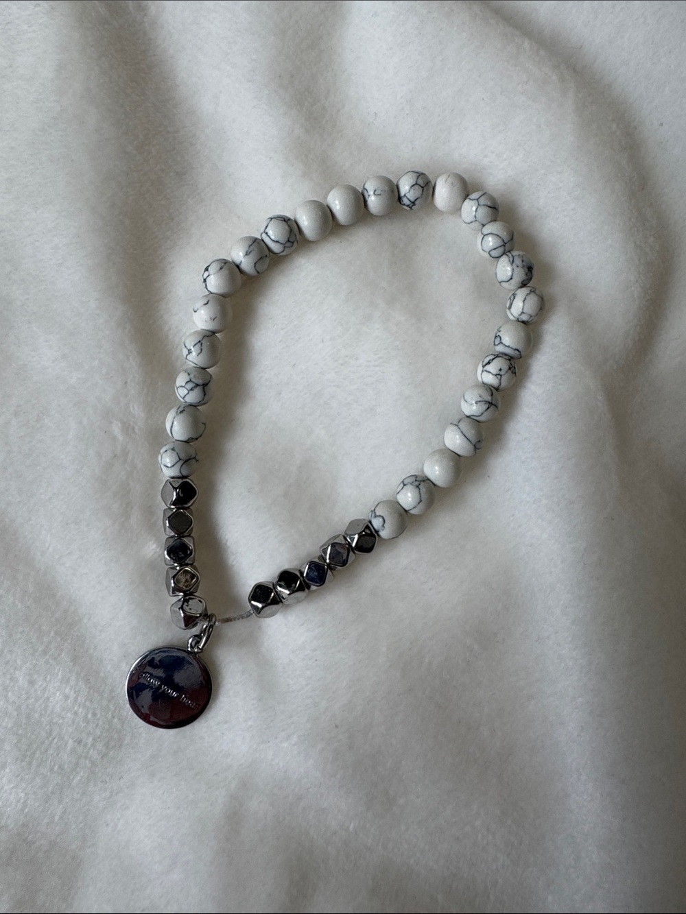 White Howlite Bead Stretch Bracelet with Silver Accents Adornable U